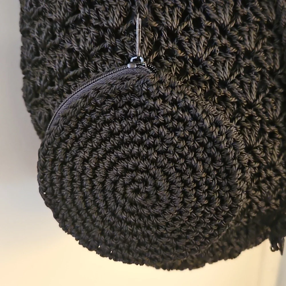 Vintage Black Crochet Drawstring Nap Sack Hobo Festival Bag with Coin Pouch